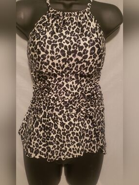 Leopard Tankini Swim Top Ruffled Slim Fit High Neck Sz Med